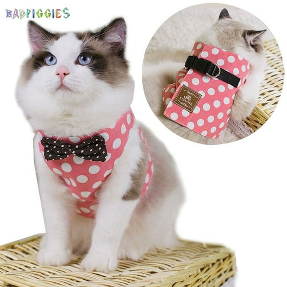 BadPiggies Cute Cat Bowknot Harness Leash Set No Pull Walking Pet Dog Round Spot Vest Harness (S, Pink)