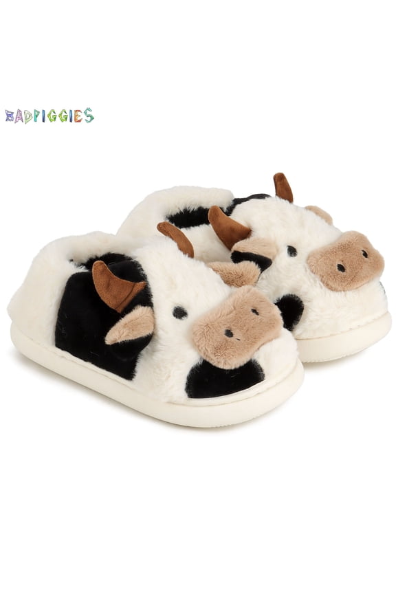 BadPiggies Cute Cow Slippers Fuzzy Plush Warm Non-Slip House Slides Shoes for Women Girls Men
