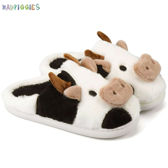 BadPiggies Cute Cow Slippers Fuzzy Plush Warm Non-Slip House Slides Shoes for Women Girls Men