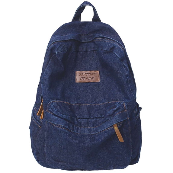 BadPiggies Denim Backpack for Women & Men Retro Rucksack Basic Bookbag High School/College Students Travel Laptop Bag - Navy
