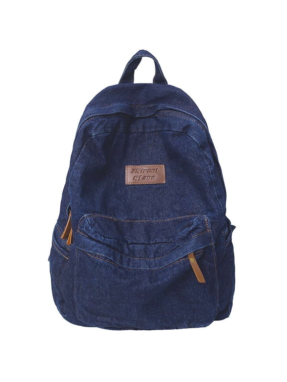 BadPiggies Denim Backpack for Women & Men Retro Rucksack Basic Bookbag High School/College Students Travel Laptop Bag - Navy