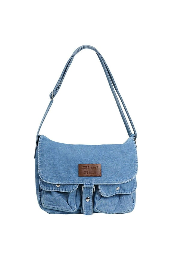 BadPiggies Denim Shoulder Bag Retro Messenger Handbag Multi-Pockets Lightweight Tote Crossbody Purse - Blue
