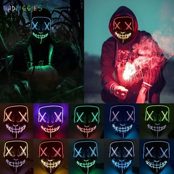 BadPiggies Double Color Scary Halloween LED Glow Mask EL Wire Light Up The Purge Movie Festival Costume Party with Batteries (Fluorescent Green+White)