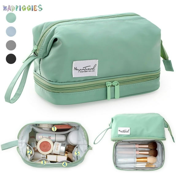 BadPiggies Double Layer Cosmetic Bag Large Makeup Bag, 2-in-1 Ethereal Portable Organizer for Women Daily Brush Toiletry Travel Cases (Black)