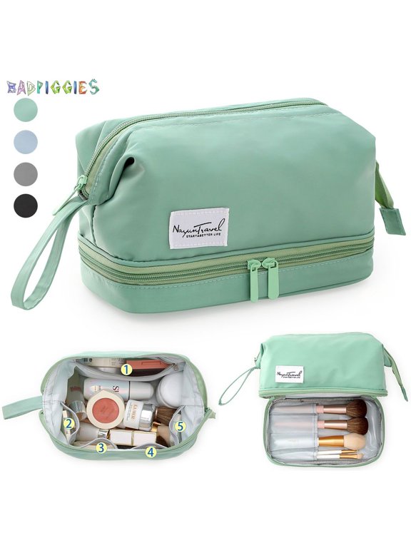 BadPiggies Double Layer Cosmetic Bag Large Makeup Bag, 2-in-1 Ethereal Portable Organizer for Women Daily Brush Toiletry Travel Cases (Gray)
