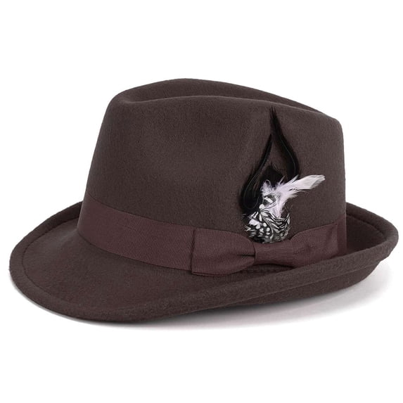 BadPiggies Elegant Fedora Hats for Men Women Short Brim Roll Up Cowboy Felt Hat with Feathers (Brown)