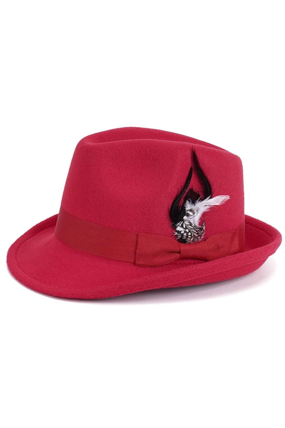 BadPiggies Elegant Fedora Hats for Men Women Short Brim Roll Up Cowboy Felt Hat with Feathers (Red)