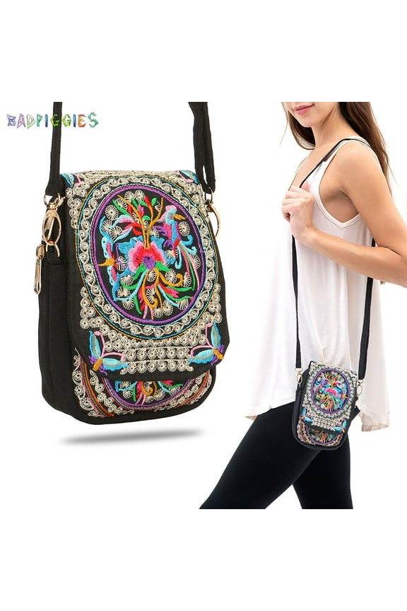 BadPiggies Embroidered Crossbody Bag Coin Purse, Women Retro Printed Handmade Small Handbag Wristlet Wallet Canvas Cellphone Pouch with Adjustable Strap