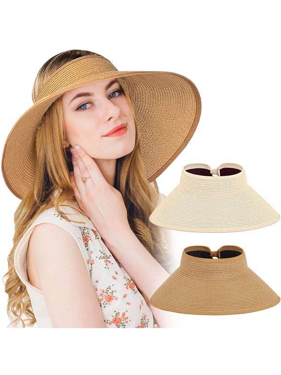 BadPiggies Foldable Straw Sun Hat for Women, UV Protecetion Wide Brim Sun Visors Adjustable Topless Beach Hats
