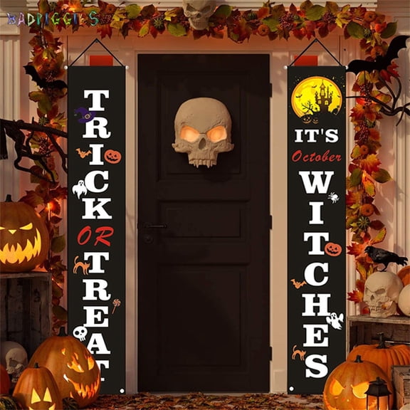 BadPiggies Halloween Decorations Hanging Banners Couplets, Trick or Treat & It's October Witches Welcome Signs for Indoor Outdoor Porch (Type D)