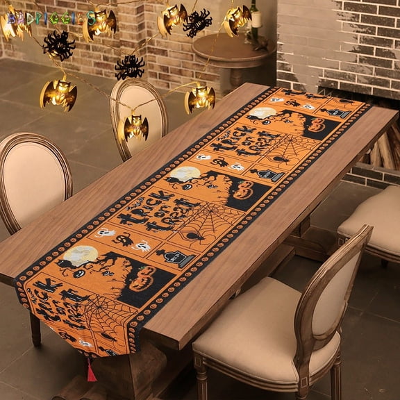 BadPiggies Halloween Decorative Table Runner with Tassels, Pumpkin Ghost Spider Cat Castle Linen Table Cloth for Dinner Party Xmas Home Decor