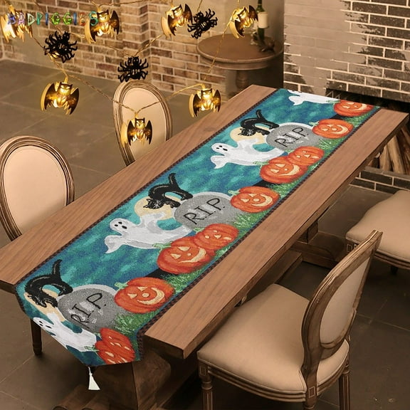 BadPiggies Halloween Decorative Table Runner with Tassels, Pumpkin Ghost Spider Cat Castle Linen Table Cloth for Dinner Party Xmas Home Decor