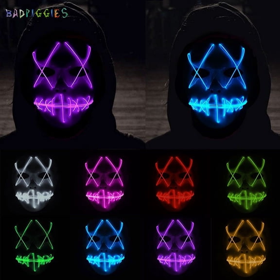 BadPiggies Halloween Glow Mask LED Light Up Scary Masks The Purge Movie Festival Costume Luminous with Batteries (White)