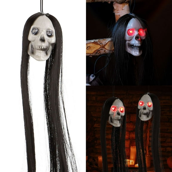 BadPiggies Halloween Hanging Lighted Skeleton Head Decoration, LED Glowing Eyes Long Hair Skull Prop for Outdoor Wall Yard Garden