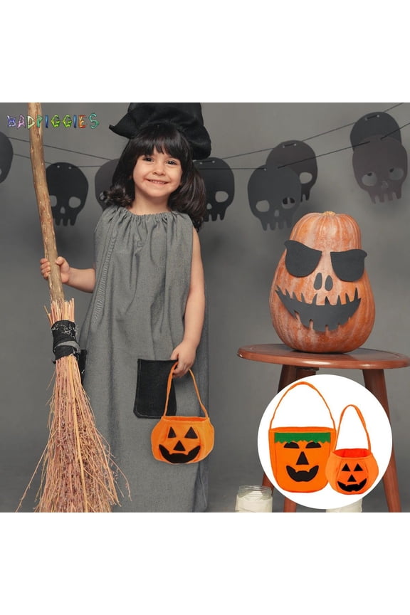 BadPiggies Halloween Pumpkin Candy Bucket Bags for Kids(2-Pack), Trick or Treat Small Tote Bag Handbag for Kids Costume Party Favors Supplies
