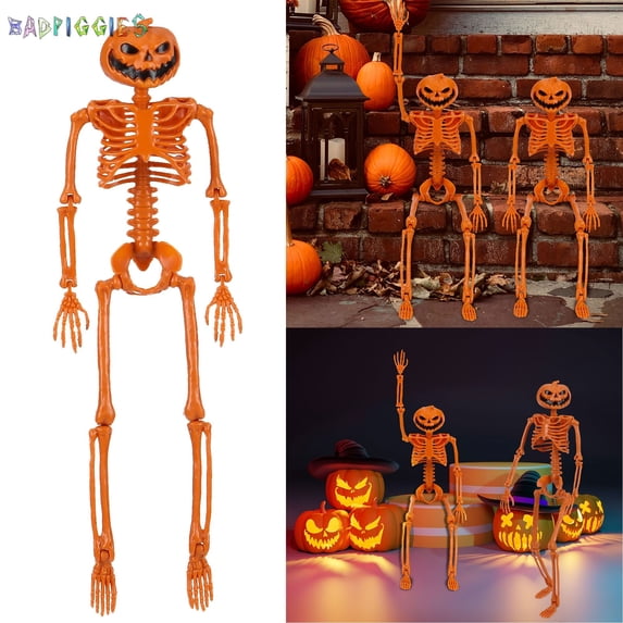 BadPiggies Halloween Pumpkin Skeleton Decoration with Posable Joints Human Skull Haunted House Props 2-Pack