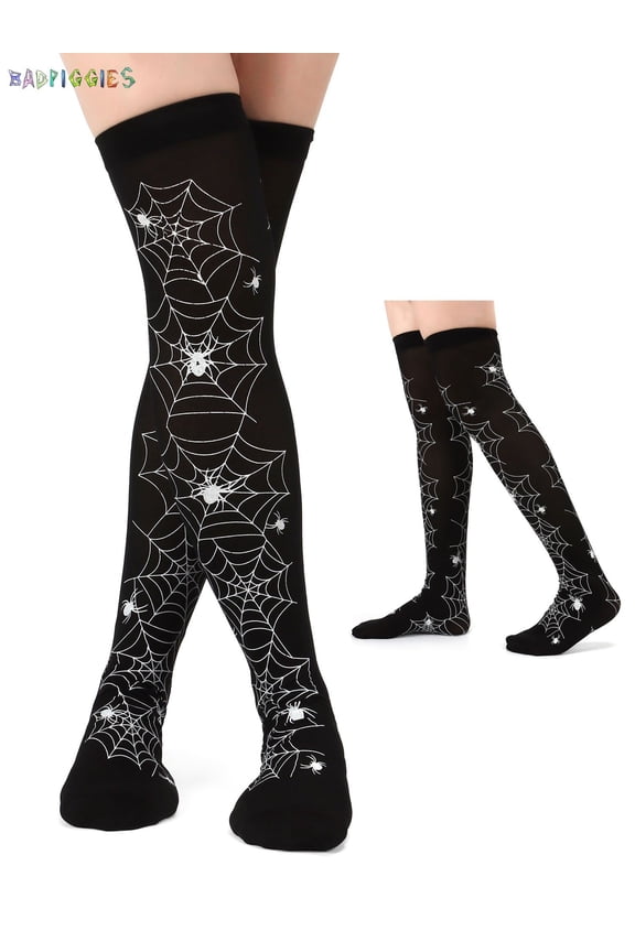 BadPiggies Halloween Thigh High Long Stockings Spider Pumpkin Bat Bone Over Knee Socks for Cosplay Party