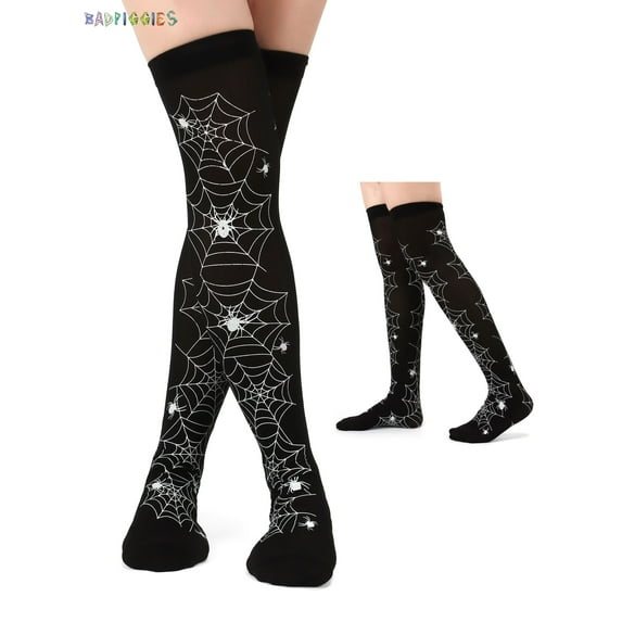 BadPiggies Halloween Thigh High Long Stockings Spider Pumpkin Bat Bone Over Knee Socks for Cosplay Party