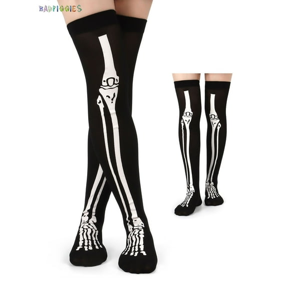 BadPiggies Halloween Thigh High Long Stockings Spider Pumpkin Bat Bone Over Knee Socks for Cosplay Party