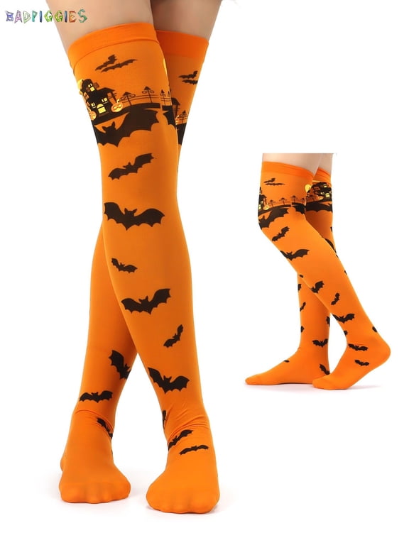 BadPiggies Halloween Thigh High Long Stockings Spider Pumpkin Bat Bone Over Knee Socks for Cosplay Party