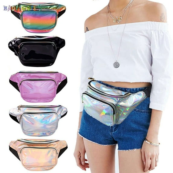 BadPiggies Holographic Waterproof Unisex Fanny Pack, PU Leather, Champagne Gold