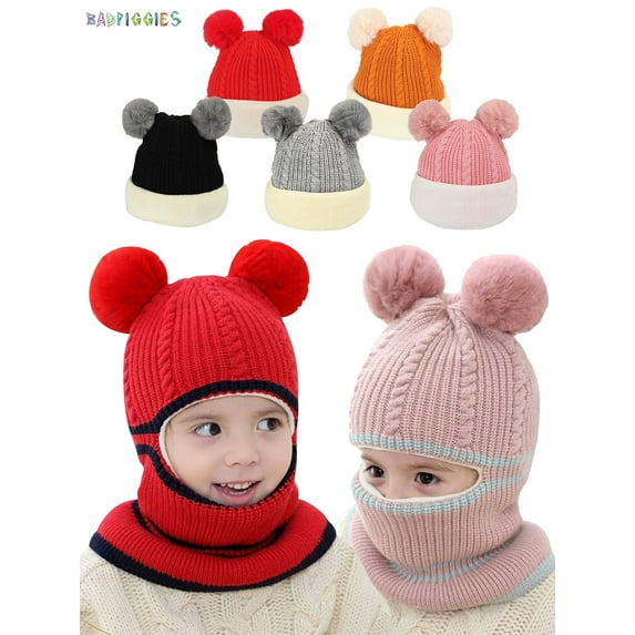 BadPiggies Kids 2-in-1 Knit Beanie Cap Scarf Winter Warm Baby's Cute Pompom Ski Hat Earflap Thick Scarf for Toddler Girls Boys (Gray)
