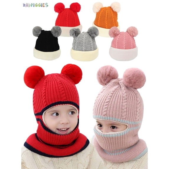 BadPiggies Kids 2-in-1 Knit Beanie Cap Scarf Winter Warm Baby's Cute Pompom Ski Hat Earflap Thick Scarf for Toddler Girls Boys (Yellow)