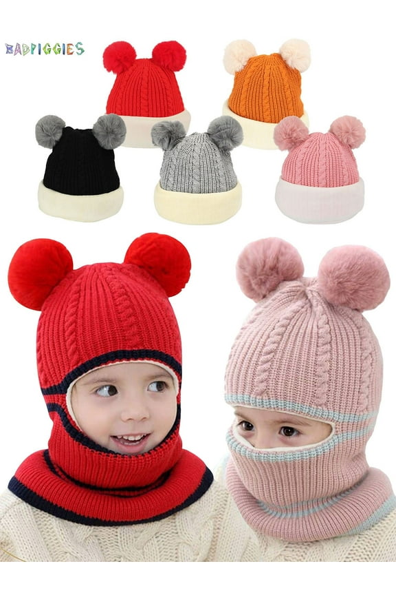 BadPiggies Kids 2-in-1 Knit Beanie Cap Scarf Winter Warm Baby's Cute Pompom Ski Hat Earflap Thick Scarf for Toddler Girls Boys (Yellow)
