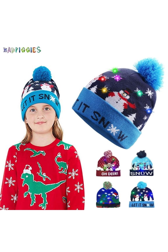 BadPiggies LED Light Up Hat Christmas Hat Beanie Knit Cap with 7 Colorful Lights LED Winter Snow Holiday Hat for Adults Kids