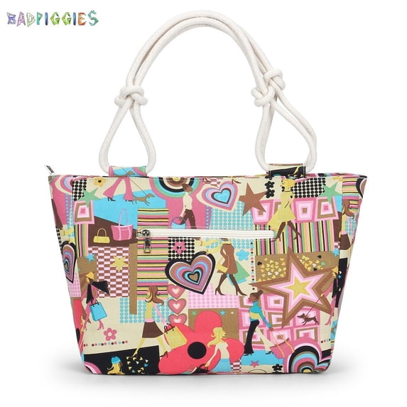 BadPiggies Large Canvas Tote Bag Casual Beach Travel Sandproof Shoulder Bag Zippered Shopping Handbags