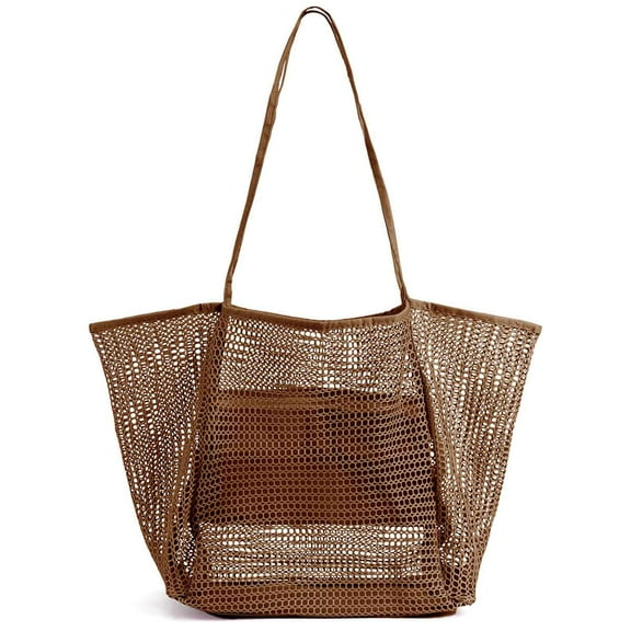 BadPiggies Large Mesh Beach Tote Bag for Women, Foldable Waterproof Sandproof Causal Hobo Picnic Bags - Brown