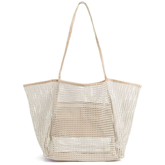 BadPiggies Large Mesh Beach Tote Bag for Women, Foldable Waterproof Sandproof Causal Hobo Picnic Bags - White