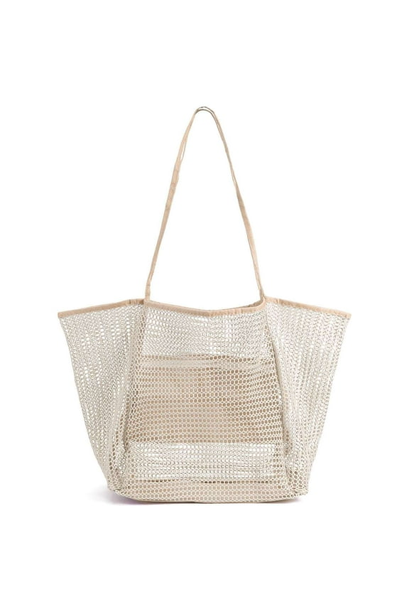 BadPiggies Large Mesh Beach Tote Bag for Women, Foldable Waterproof Sandproof Causal Hobo Picnic Bags - White