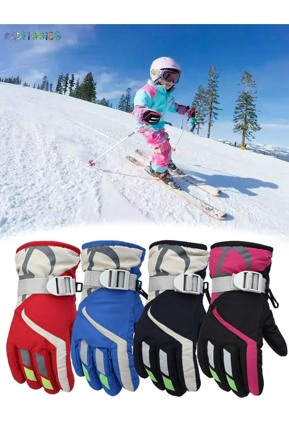 BadPiggies Lovely Ski Gloves Winter Outdoor Snow Waterproof with Warm Fleece Lining Mitten for Kids Boys and Girls 4-7 Years (Red)