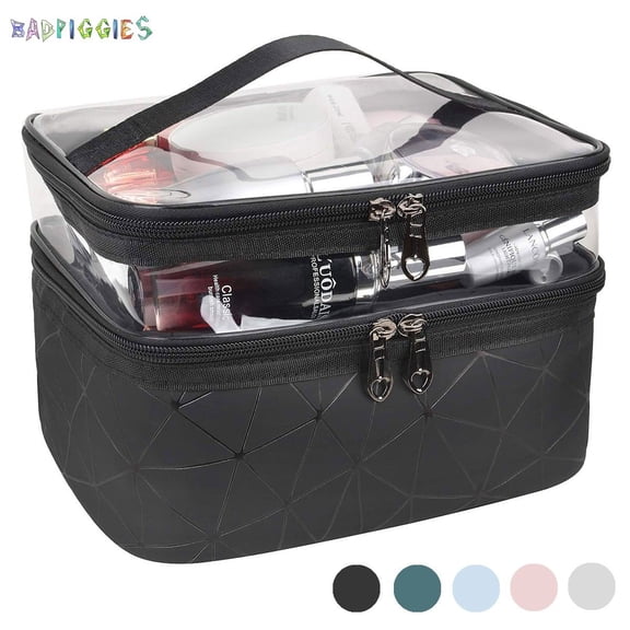 BadPiggies Makeup Bag Double layer Travel Cosmetic Cases Waterproof Make up Organizer Toiletry Bags Clear Upper layer (Black)
