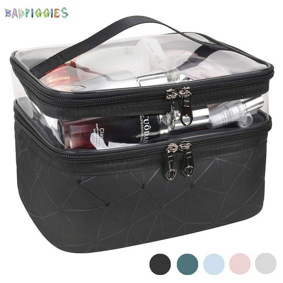 BadPiggies Makeup Bag Double layer Travel Cosmetic Cases Waterproof Make up Organizer Toiletry Bags Clear Upper layer (Black)