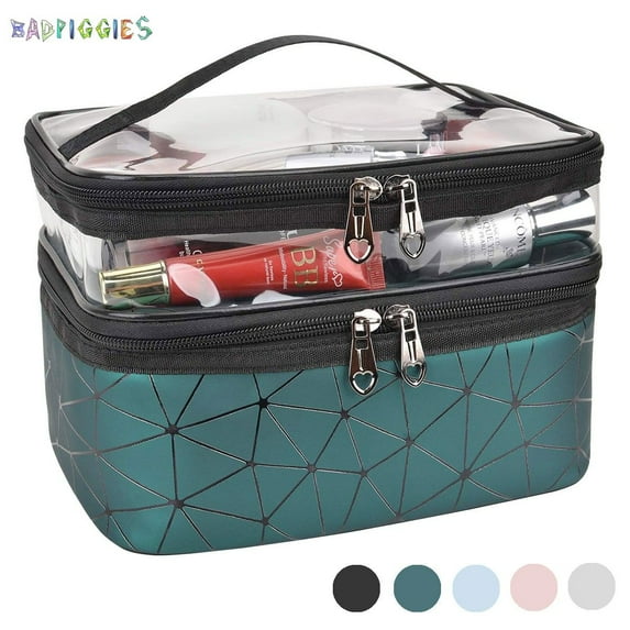 BadPiggies Makeup Bag Double layer Travel Cosmetic Cases Waterproof Make up Organizer Toiletry Bags Clear Upper layer (Green)