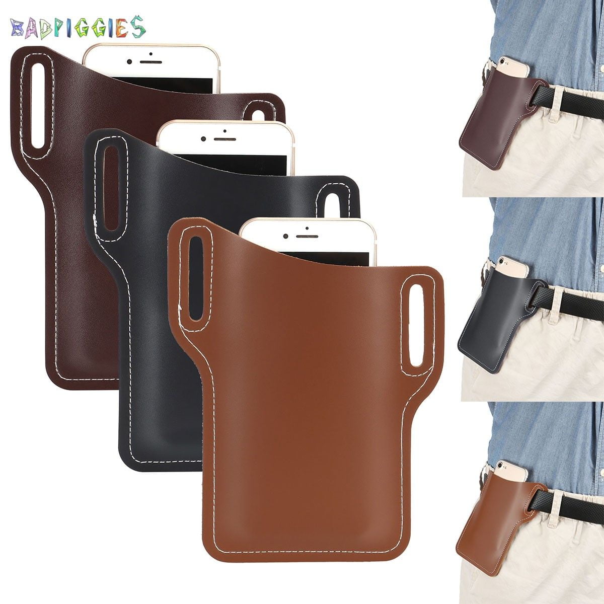 BadPiggies Men Leather Cell Phone Holster Belt Bag Retro Mobile Phone Waist Sheath Pouch Storage Holder Black