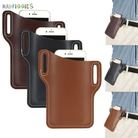 BadPiggies Men Leather Cell Phone Holster Belt Bag Retro Mobile Phone Waist Sheath Pouch Storage Holder (Light Brown)