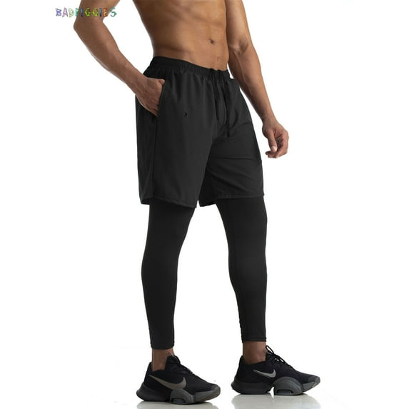 BadPiggies Men's 2 in 1 Running Compression Tights Pants Quick Dry Athletic Workout Legging with Zipper Pockets Towel Loop (S, Black)