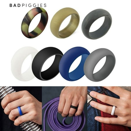 BadPiggies Men's 7 Pack Silicone Rubber Fashion Rings Band Activity Set for Gift Workout Sport, No Stone (Size 12)