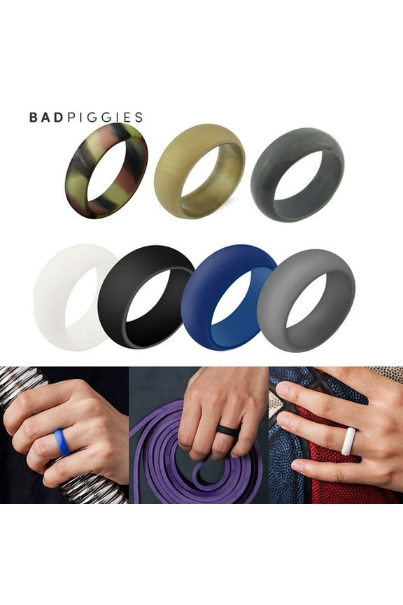 BadPiggies Men's 7 Pack Silicone Rubber Rings Band Activity Set for Gift Workout Sport (Size 11)