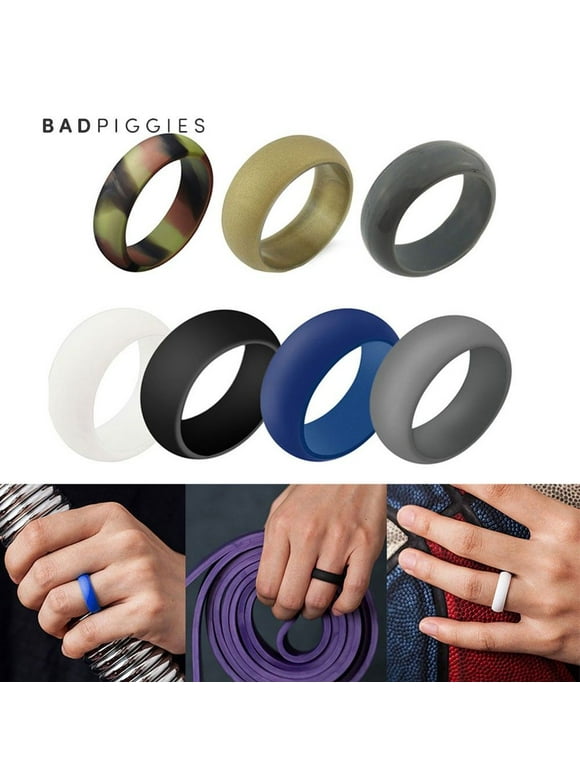 BadPiggies Men's 7 Pack Silicone Rubber Wedding Rings Band Activity Set For Gift Workout Sport (Size 8)