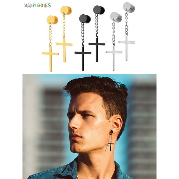 BadPiggies Men's Hypoallergenic Stainless Steel Cross Earrings Drop Dangle Hoop Cross Pendant Earring (Black)