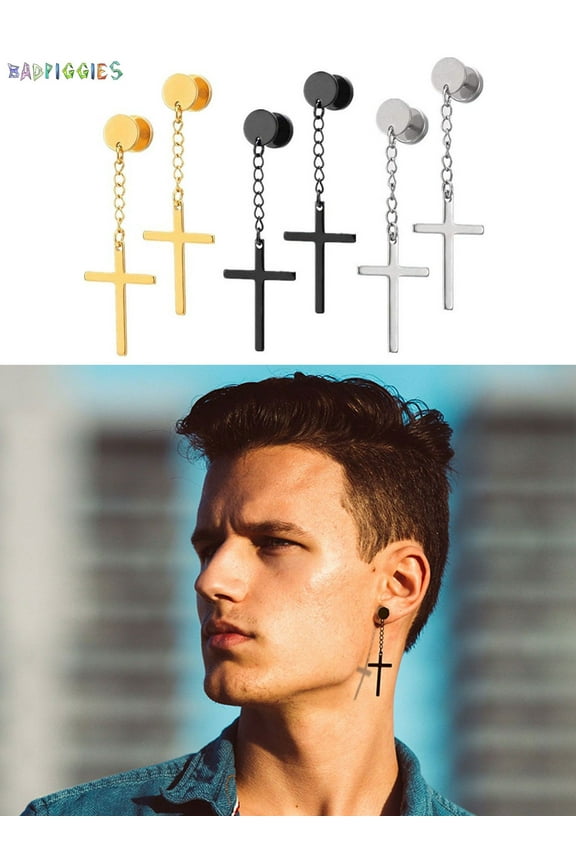 BadPiggies Men's Hypoallergenic Stainless Steel Cross Earrings Drop Dangle Hoop Cross Pendant Earring (Gold)