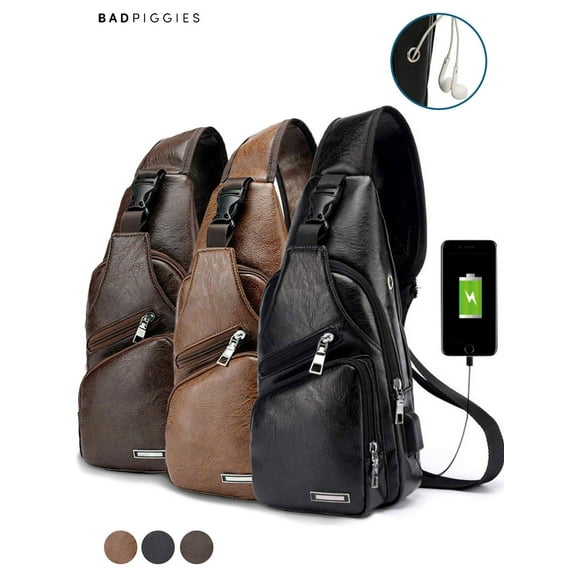 BadPiggies Men's Leather Sling Bag Daypack Shoulder Chest Crossbody Bag Anti Theft With USB Charging Port"Black"