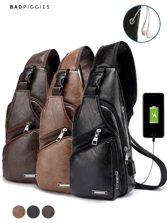 BadPiggies Men's Leather Sling Bag Daypack Shoulder Chest Crossbody Bag Anti Theft With USB Charging Port"Dark Brown"
