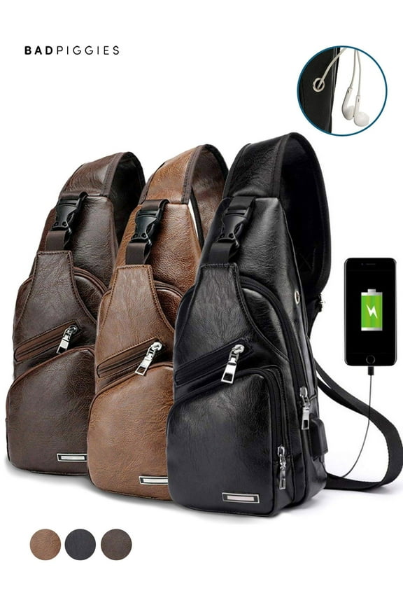 BadPiggies Men's Leather Sling Bag Daypack Shoulder Chest Crossbody Bag Anti Theft With USB Charging Port"Light Brown"