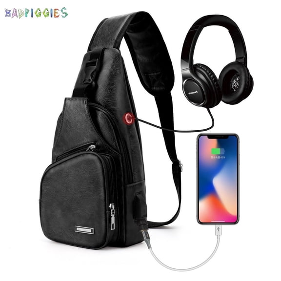 BadPiggies Men's PU Leather Sling Bags Small Chest Shoulder Crossbody Messenger Travel Hiking Multipurpose Daypack Backpack (Black)