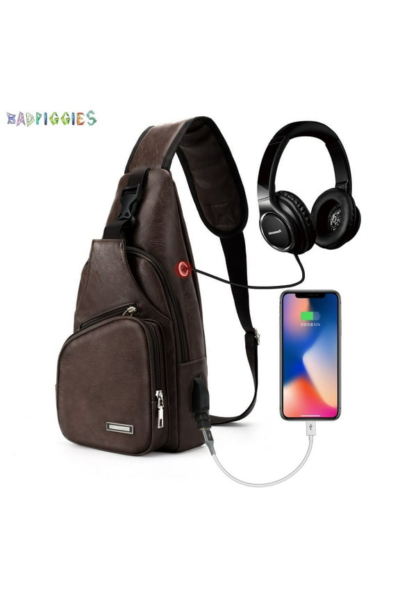 BadPiggies Men's PU Leather Sling Bags Small Chest Shoulder Crossbody Messenger Travel Hiking Multipurpose Daypack Backpack (Dark Brown)